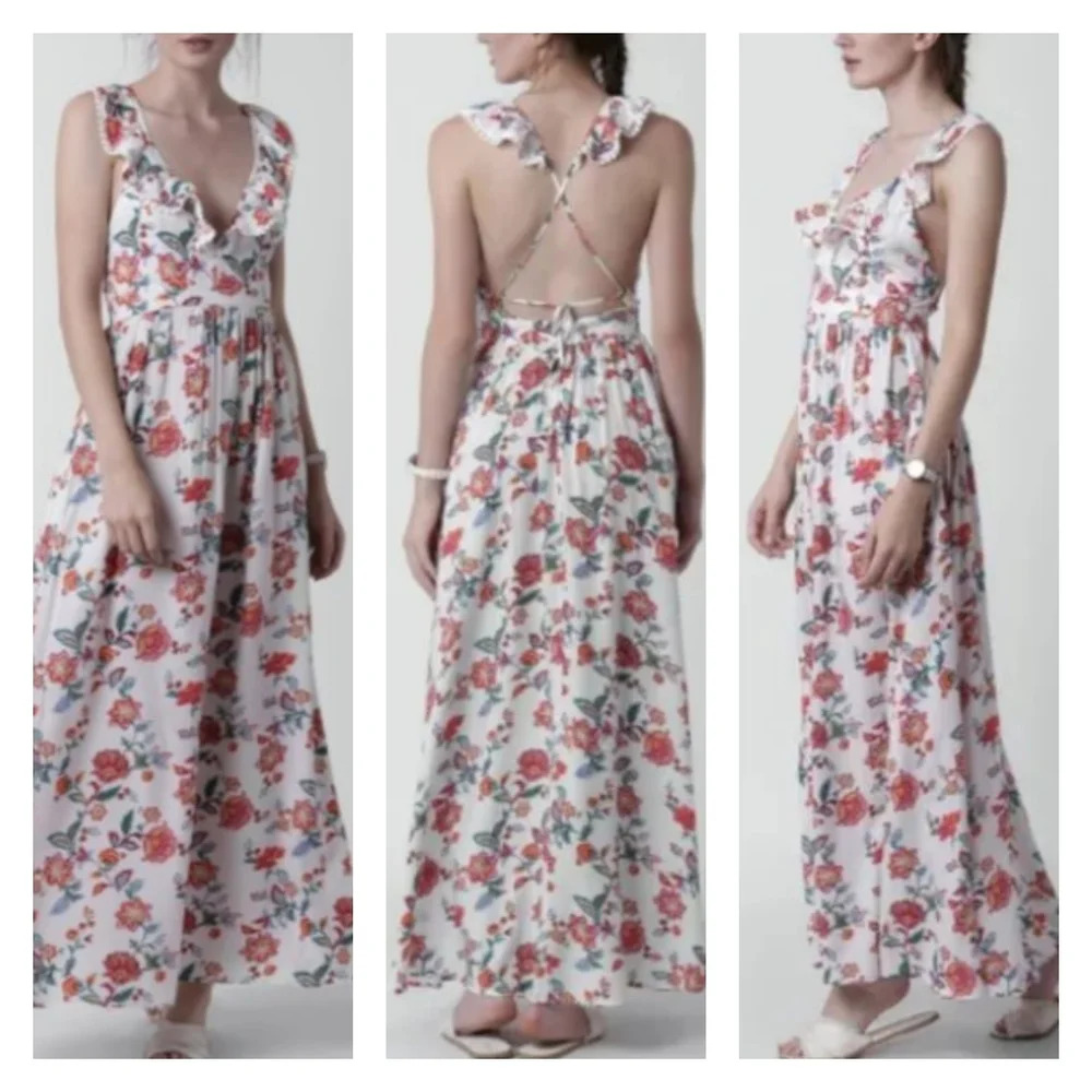 Forever 21 Floral Ruffle V Neck Halter Open Back Cotton Maxi Dress